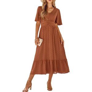 IFFEI Summer Maxi Dress V Neck Chiffon Ruffle Sleeve Swiss Dots A-Line Dress